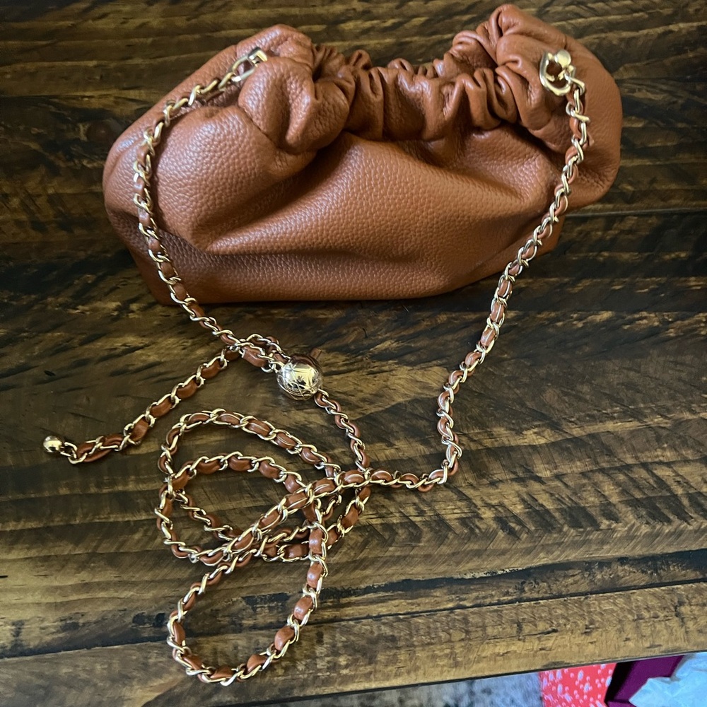 Amazon Tan Leather Clutch with Gold Chain